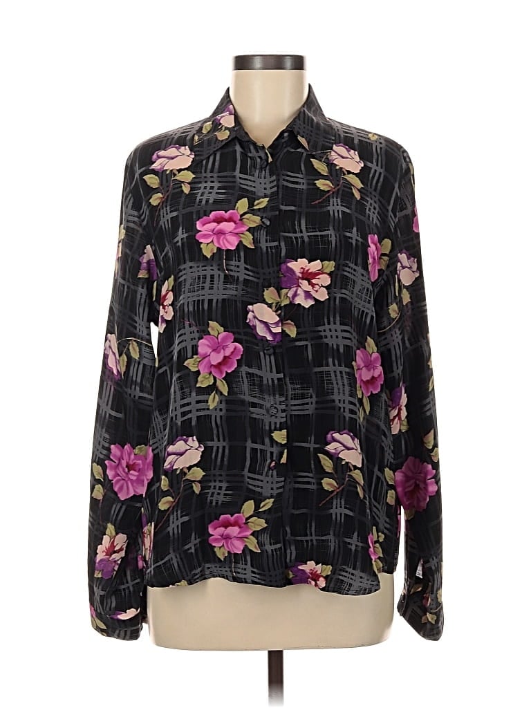Pre-owned Allison Taylor Long Sleeve Silk Top Black Floral Pattern Square Neckline Tops