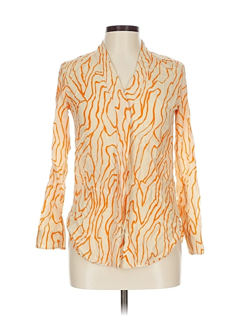 Pre-owned By Malene Birger Long Sleeve Silk Top Orange Animal Print Pattern Plunge Neckline Tops