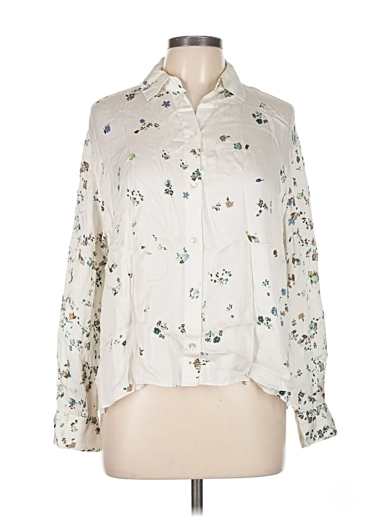Pre-owned Vince Long Sleeve Silk Top Ivory Floral Pattern Collared Neckline Tops In White