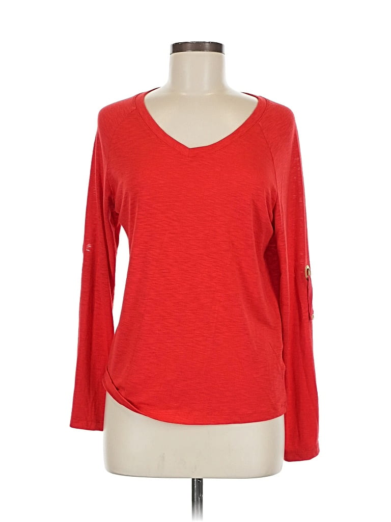 Pre-owned Ellen Tracy Long Sleeve Top Red Scoop Neck Tops