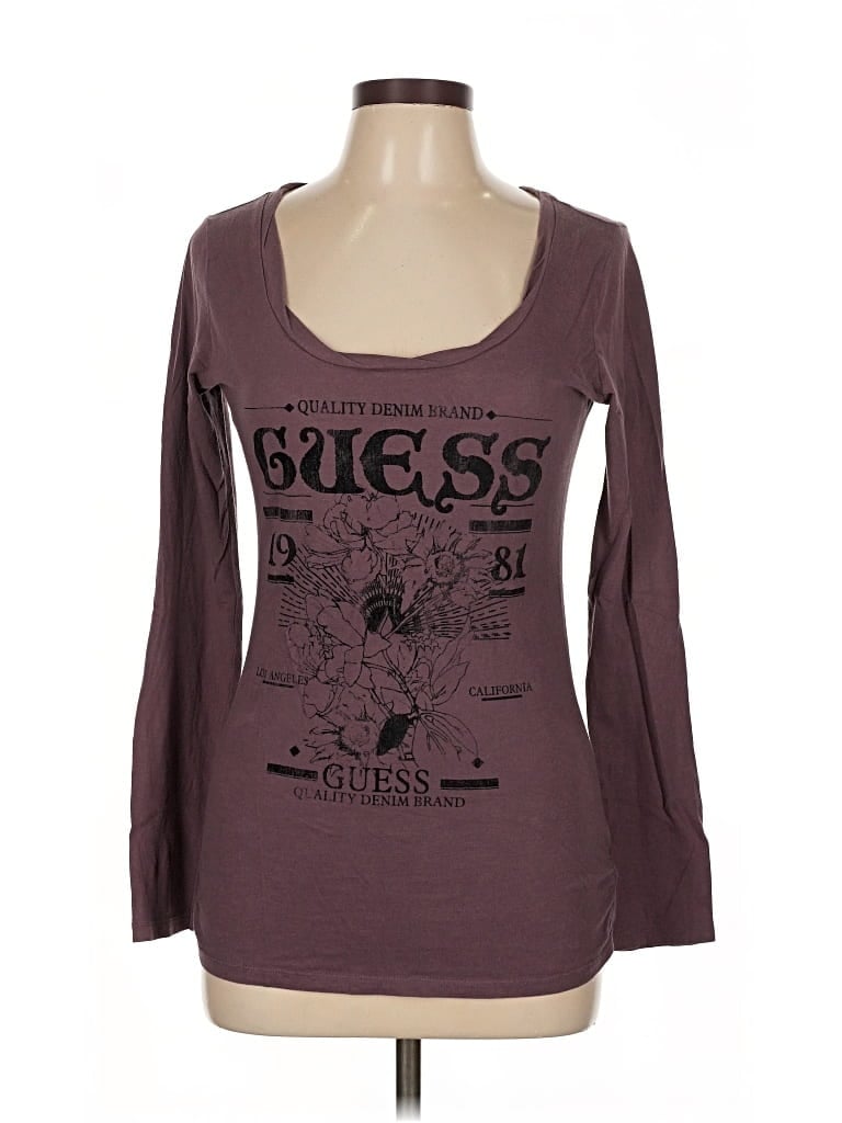 Pre-owned Guess 3/4 Sleeve T-shirt In Brown