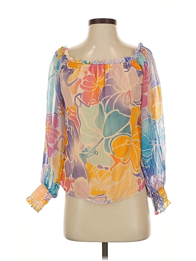 Pre-owned Ramy Brook 3/4 Sleeve Silk Top Yellow Square Neckline Tops