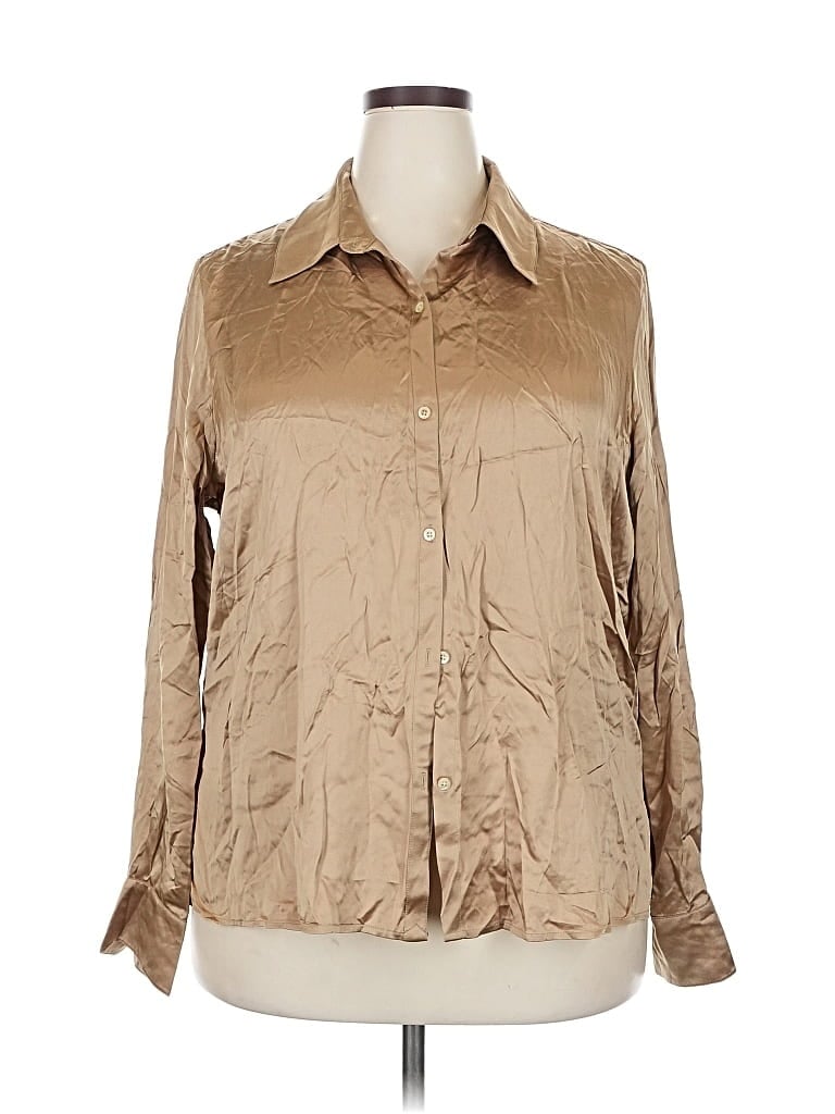 Pre-owned Polo Ralph Lauren Long Sleeve Silk Top Tan Metallic Pattern Collared Neckline Tops In Brown