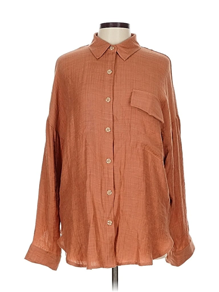 Pre-owned August Sky Long Sleeve Button Down Shirt In Brown