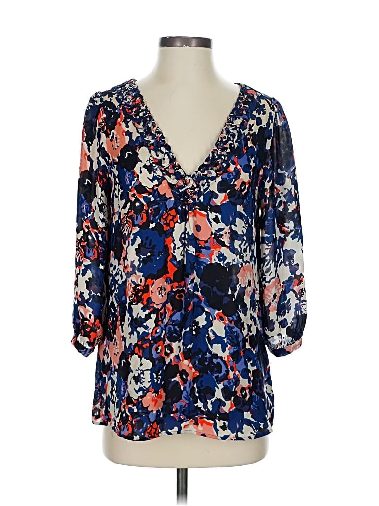 Pre-owned Joie 3/4 Sleeve Silk Top Blue Plunge Neckline Tops