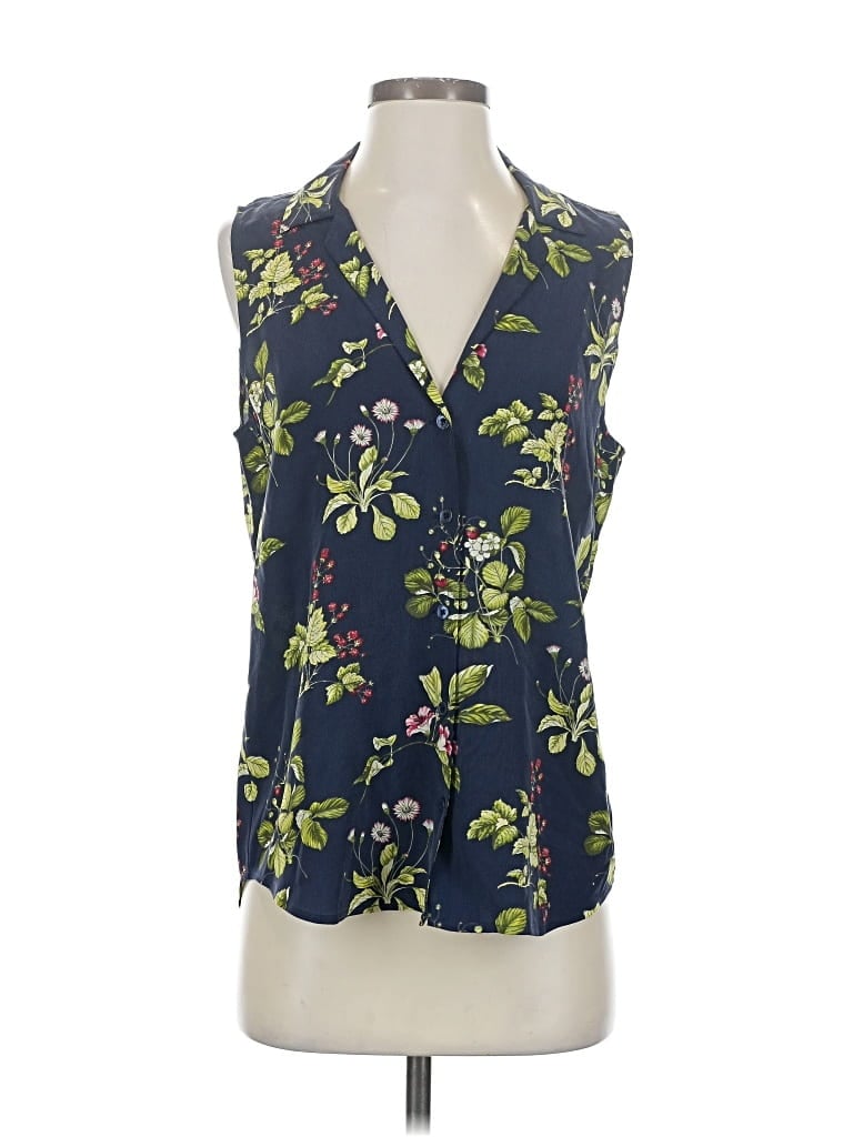 Pre-owned Equipment Sleeveless Silk Top Blue Plunge Neckline Tops