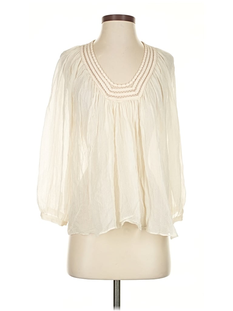 Pre-owned Rebecca Taylor 3/4 Sleeve Silk Top Ivory Plunge Neckline Tops In White