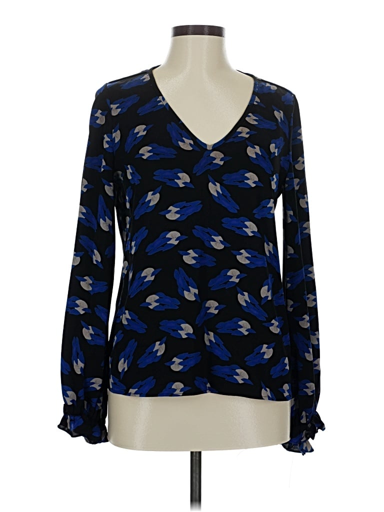 Pre-owned Diane Von Furstenberg Long Sleeve Silk Top Blue Plunge Neckline Tops