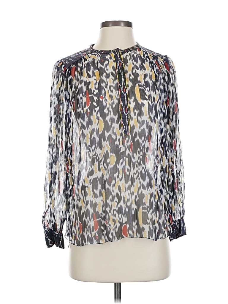 Pre-owned Isabel Marant 3/4 Sleeve Silk Top Silver Animal Print Pattern Keyhole Neckline Tops