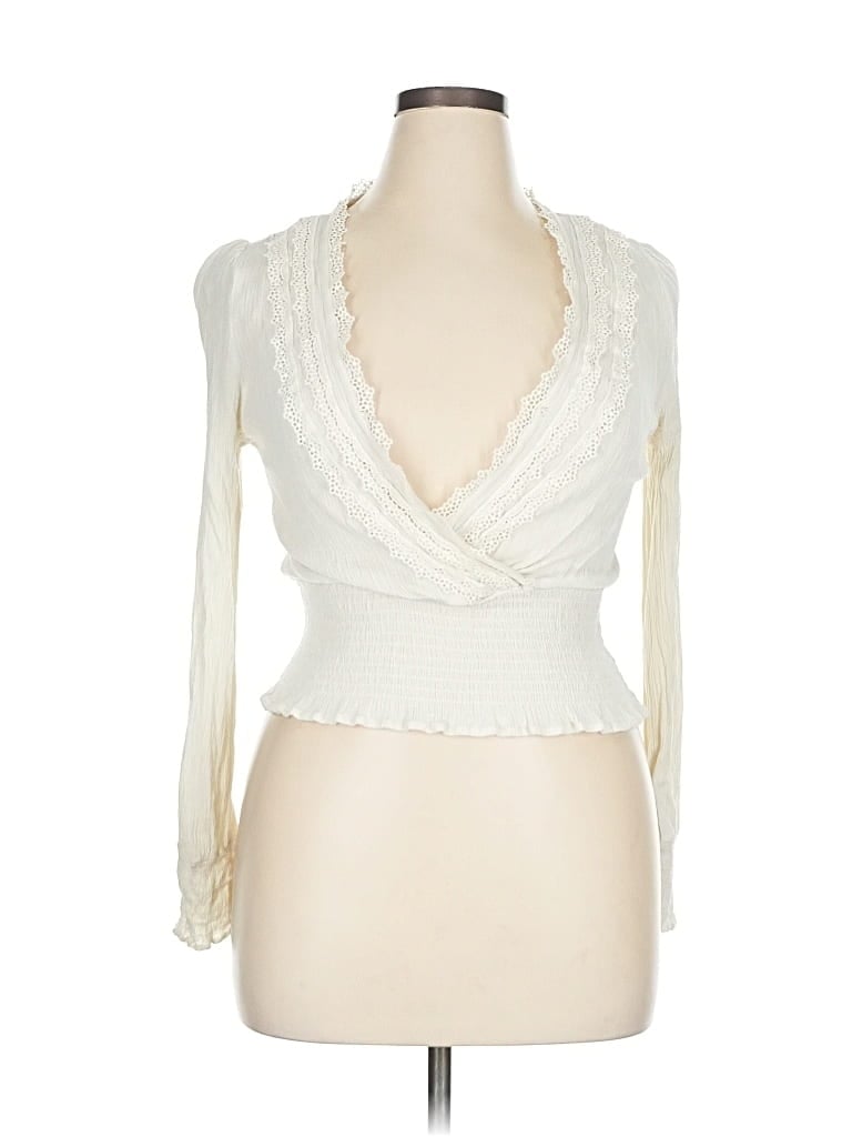 Pre-owned Self Esteem Long Sleeve Top Ivory Plunge Neckline Tops In White