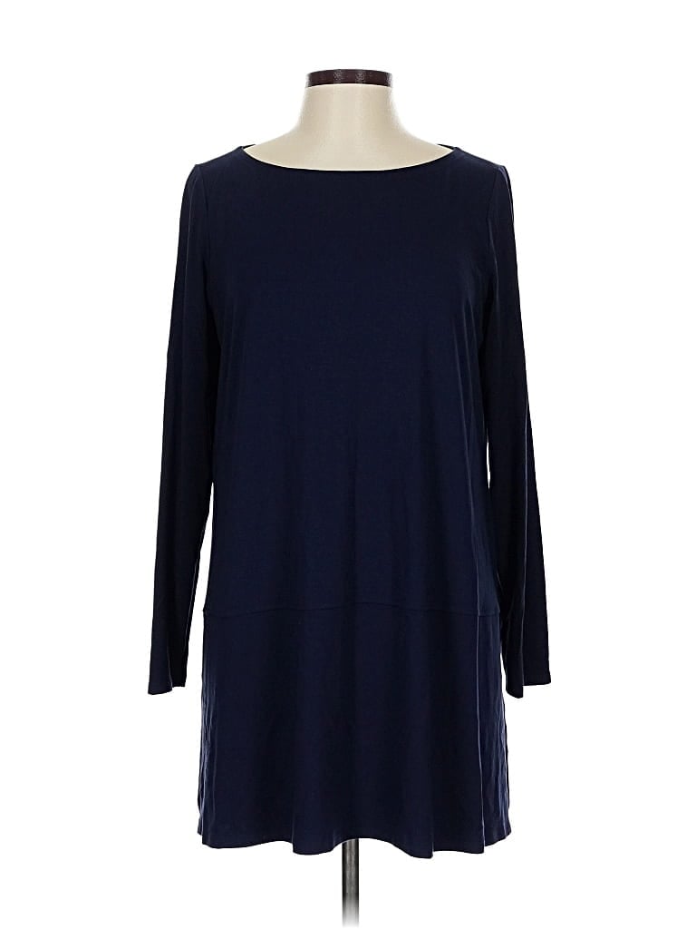 Pre-owned Eileen Fisher Long Sleeve Top Blue Solid Pattern Crew Neck Tops