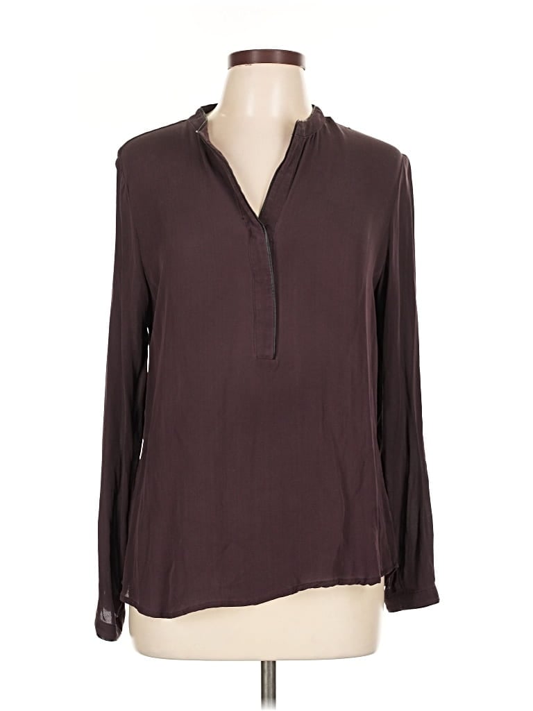 Pre-owned Ecru Long Sleeve Silk Top Brown Open Neckline Tops