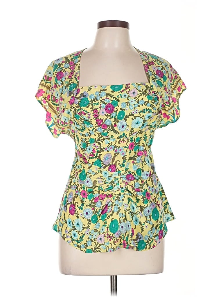 Pre-owned Plenty By Tracy Reese Short Sleeve Silk Top Green Sweetheart Neckline Tops