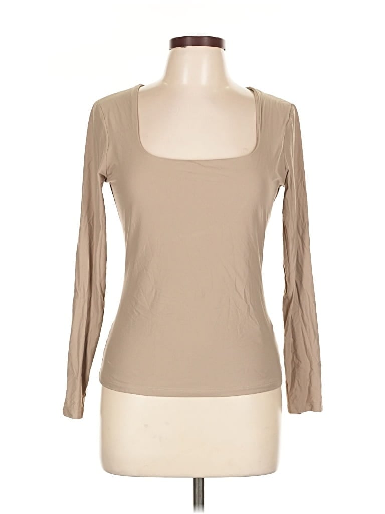 Pre-owned Abercrombie & Fitch Long Sleeve Top Tan Scoop Neck Tops In Brown
