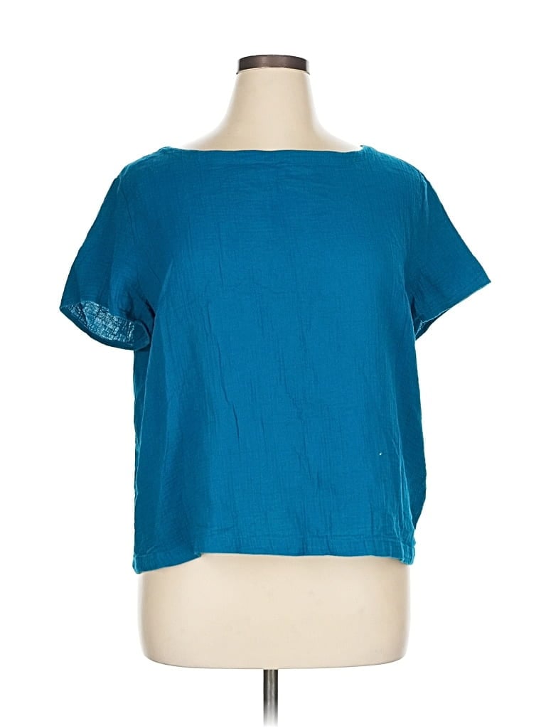 Pre-owned Eileen Fisher Short Sleeve Top Teal Solid Pattern Boatneck Tops In Blue