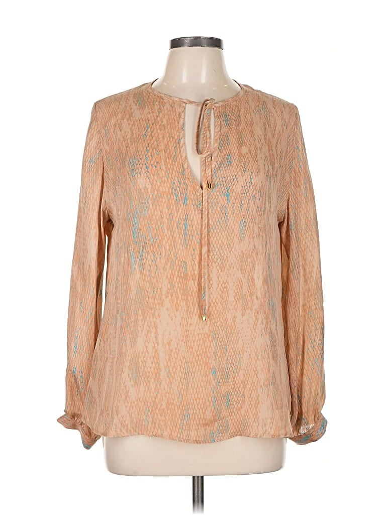 Pre-owned Karina Grimaldi Long Sleeve Silk Top Tan Keyhole Neckline Tops In Brown