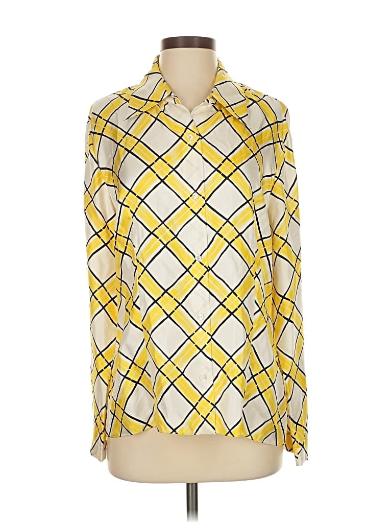 Pre-owned Tahari Long Sleeve Silk Top Yellow Argyle Pattern Square Neckline Tops