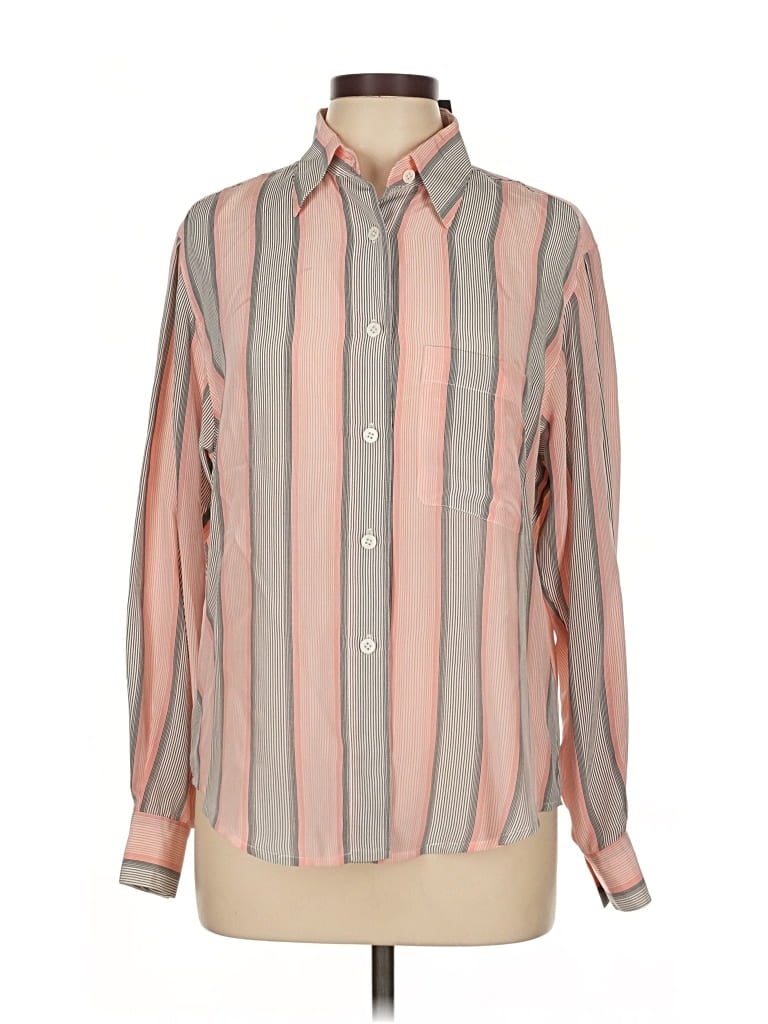 Pre-owned Linda Allard Ellen Tracy Long Sleeve Silk Top Tan Stripes Pattern Collared Neckline Tops In Brown