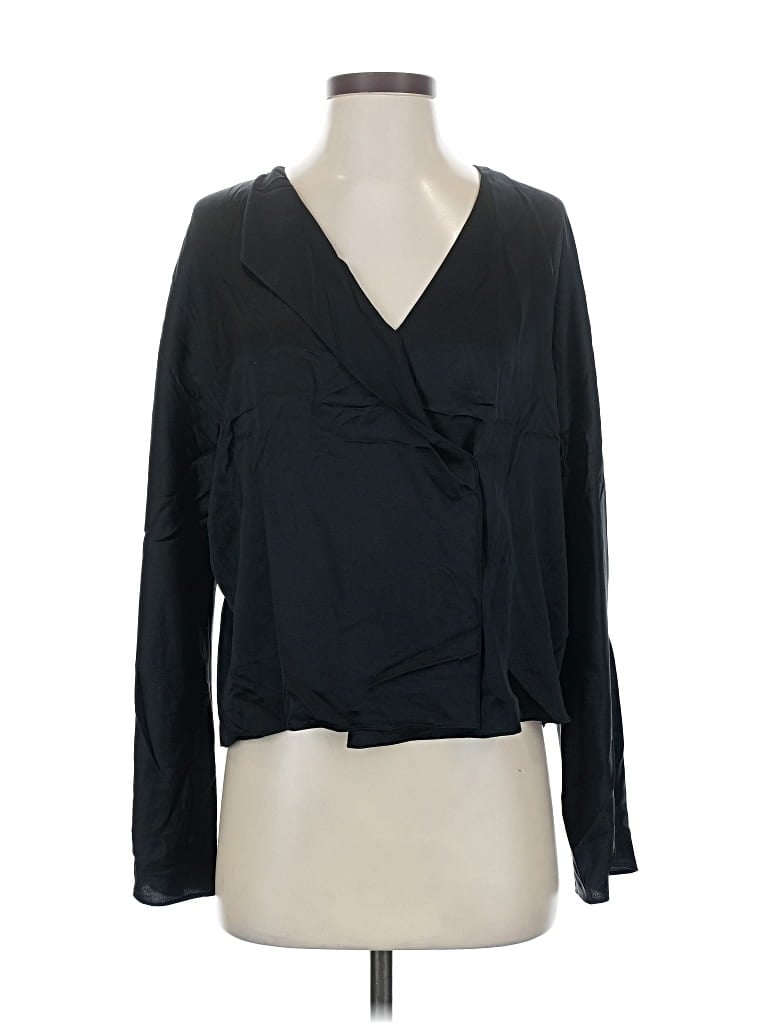 Pre-owned Vince Long Sleeve Silk Top Black Plunge Neckline Tops