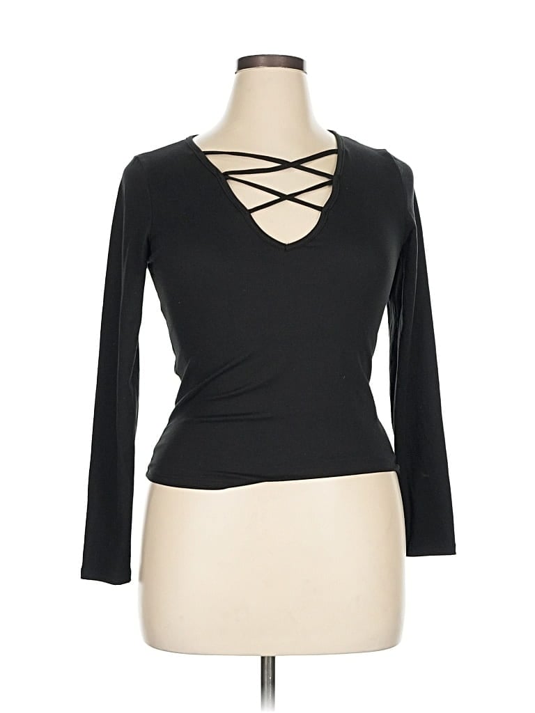 Pre-owned Forever 21 Plus Long Sleeve Top Black Open Neckline Tops