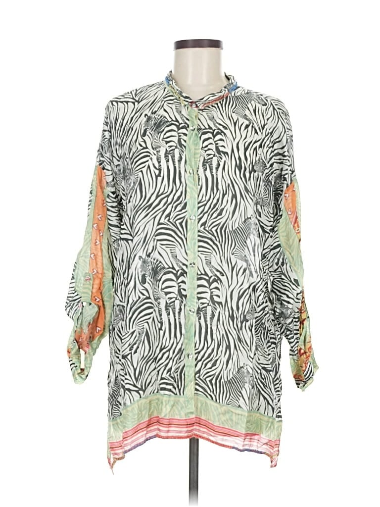 Pre-owned Johnny Was 3/4 Sleeve Silk Top Green Animal Print Pattern Keyhole Neckline Tops