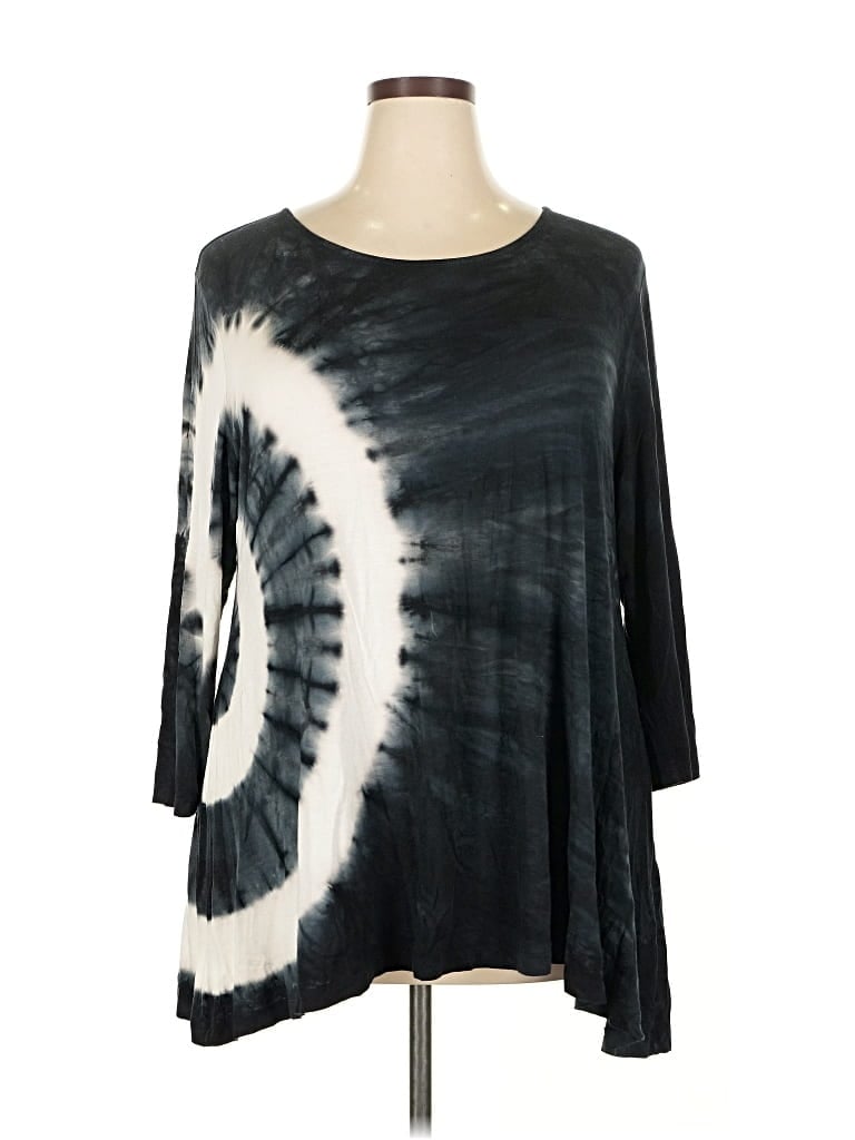 Pre-owned Erin London 3/4 Sleeve Top Black Tie-dye Pattern Boatneck Tops