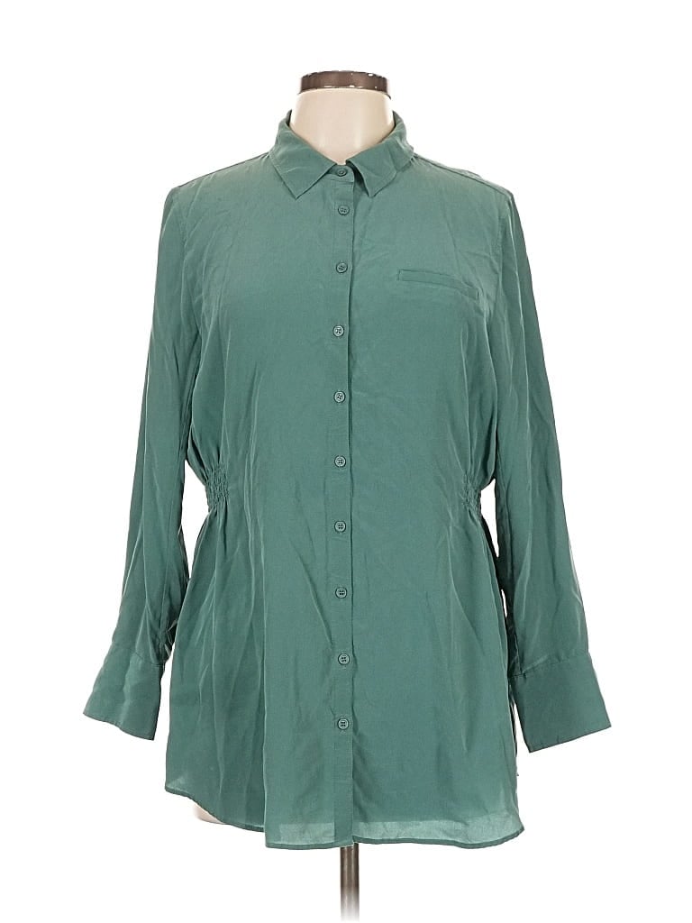 Pre-owned Soft Surroundings 3/4 Sleeve Silk Top Teal Solid Pattern Mock Neckline Tops In Blue