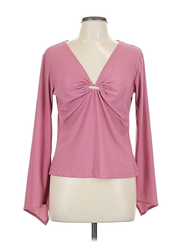 Pre-owned Fashion Bug Long Sleeve Top Pink Plunge Neckline Tops