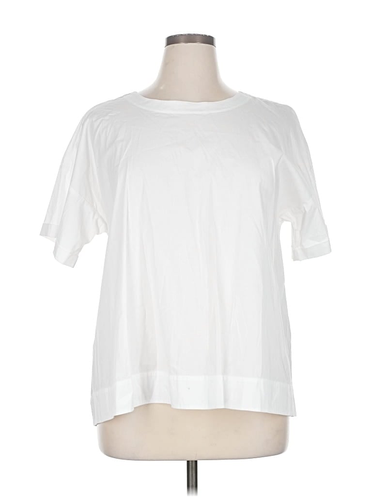 Pre-owned Eileen Fisher Short Sleeve Top White Solid Pattern Crew Neck Tops