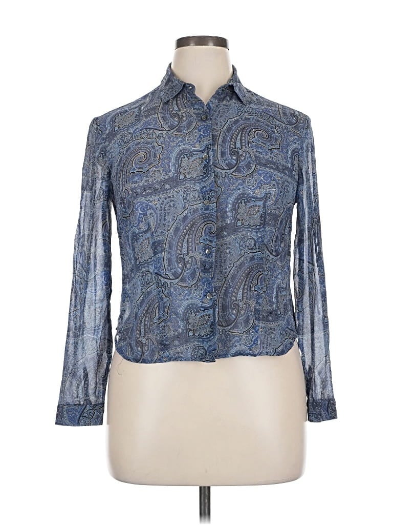 Pre-owned Max Edition Long Sleeve Silk Top Blue Paisley Pattern Mock Neckline Tops
