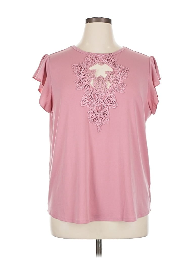 Pre-owned Sweet Rain Short Sleeve Top Pink Stars Pattern Cold Shoulder Neckline Tops