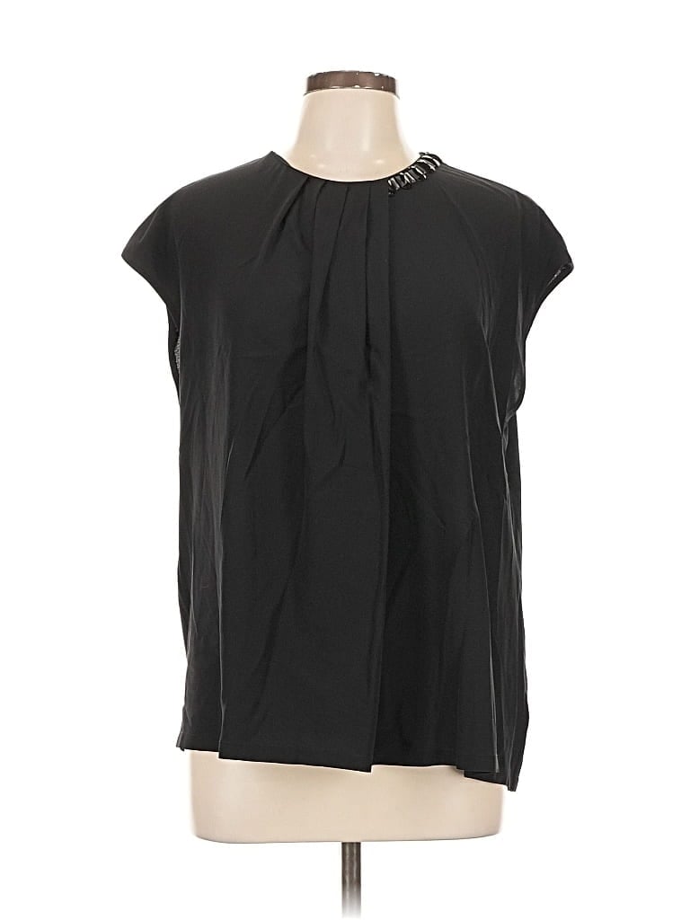 Pre-owned Magaschoni Short Sleeve Silk Top Black Keyhole Neckline Tops