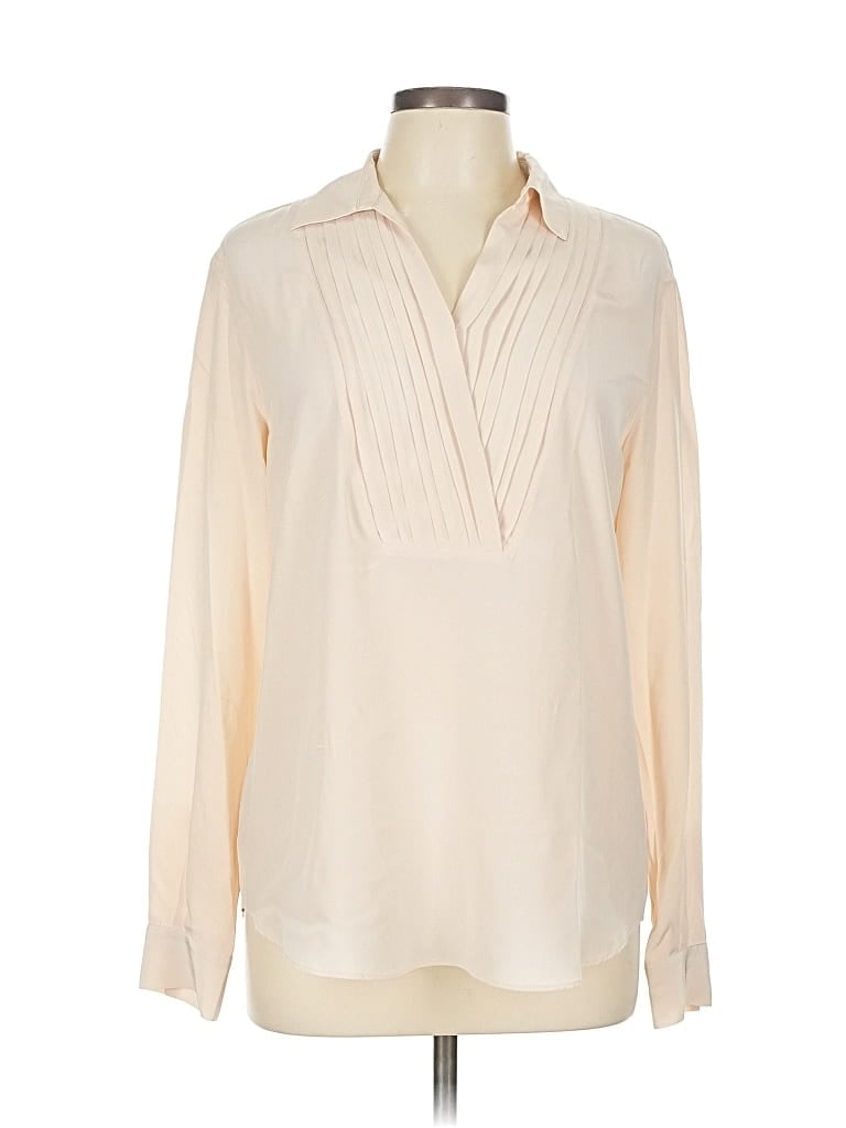 Pre-owned Garnet Hill Long Sleeve Silk Top Pink Tie Neck Tops