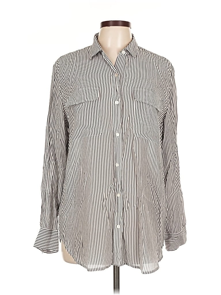Pre-owned Everlane Long Sleeve Silk Top Gray Stripes Pattern Square Neckline Tops