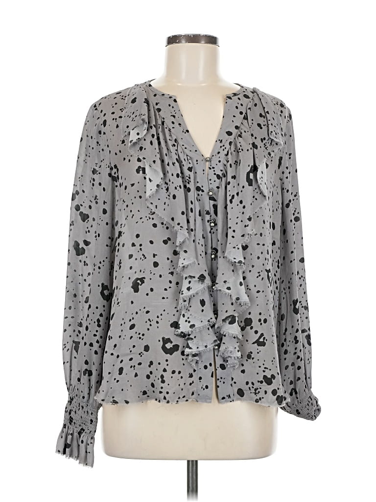 Pre-owned Go By Go Silk Long Sleeve Silk Top Silver Plunge Neckline Tops