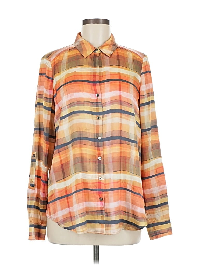 Pre-owned Go By Go Silk Long Sleeve Silk Top Orange Plaid Pattern Square Neckline Tops