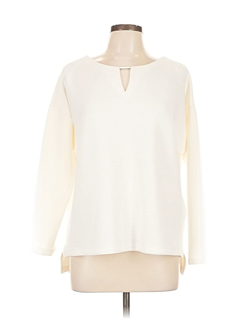 Pre-owned Calvin Klein Long Sleeve Top Ivory Keyhole Neckline Tops In White
