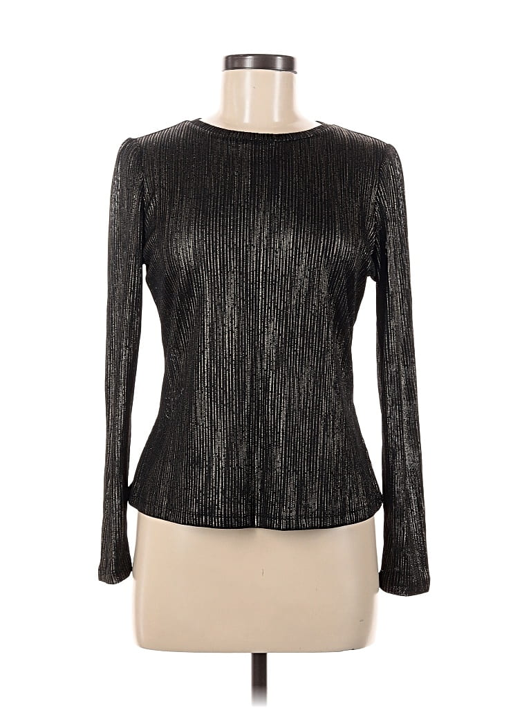 Pre-owned Allegra K Long Sleeve Top Black Metallic Pattern Keyhole Neckline Tops