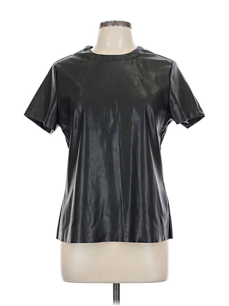 Pre-owned Dolce Cabo Short Sleeve Top Black Metallic Pattern Mock Neckline Tops