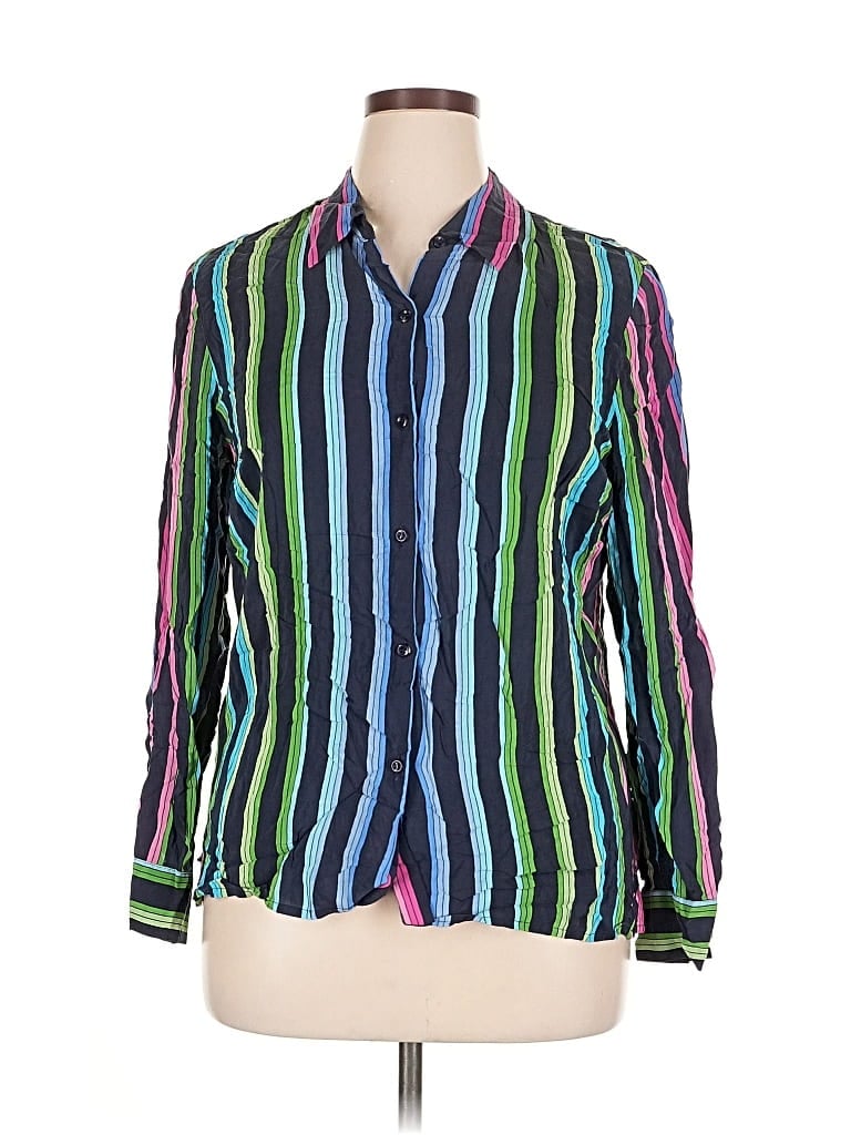 Pre-owned Evan Picone Long Sleeve Silk Top Green Stripes Pattern Collared Neckline Tops