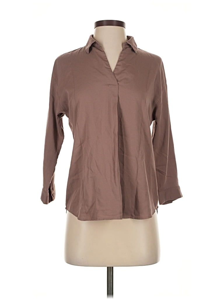 Pre-owned Uniqlo 3/4 Sleeve Button Down Shirt In Brown
