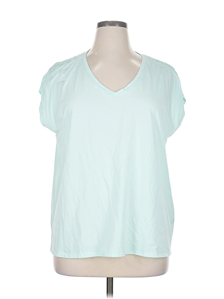 Pre-owned L.l.bean Short Sleeve Top Teal V Neck Tops In Blue