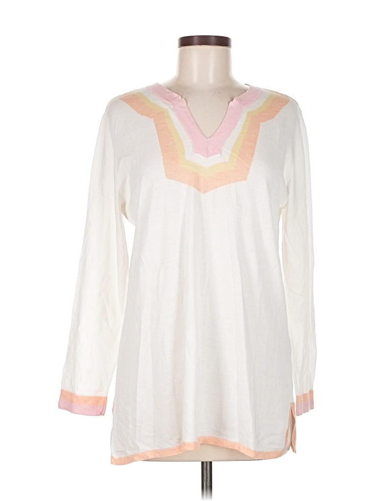 Pre-owned J. Mclaughlin Long Sleeve Top Ivory Plunge Neckline Tops In White