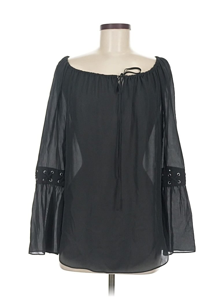 Pre-owned Haute Hippie 3/4 Sleeve Silk Top Black Off The Shoulder Neckline Tops