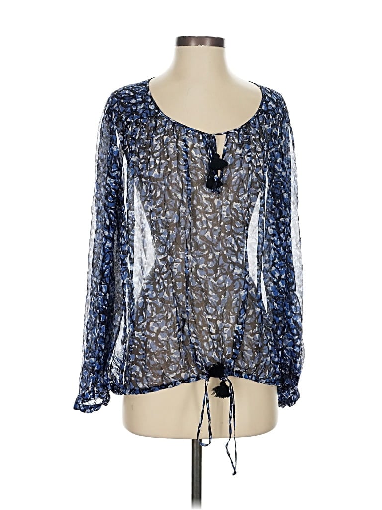 Pre-owned Elizabeth And James Long Sleeve Silk Top Blue Keyhole Neckline Tops