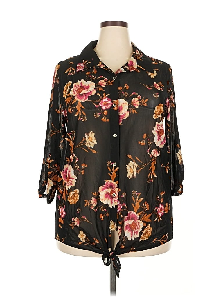 Pre-owned Ivory Rose 3/4 Sleeve Button Down Shirt In Black