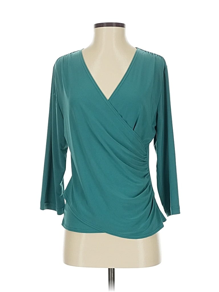 Coldwater Creek 3/4 Sleeve Top Teal Plunge Neckline Tops In Blue