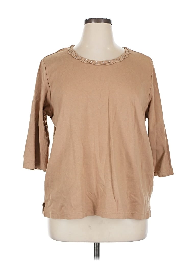 Pre-owned Quacker Factory 3/4 Sleeve Top Tan Crew Neck Tops In Brown