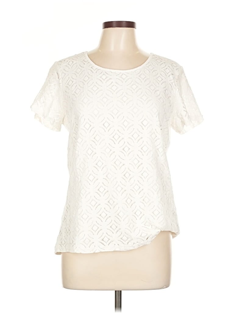 Pre-owned Market & Spruce Short Sleeve Top Ivory Keyhole Neckline Tops In White