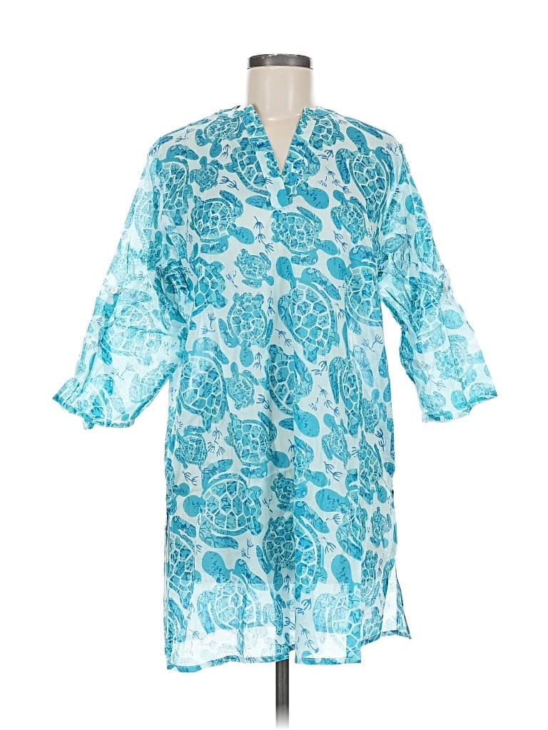 Top It Off 3/4 Sleeve Blouse Teal Plunge Neckline Tops In Blue